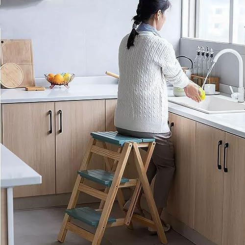 Folding 3 Step Solid Wood Ladder with Anti-Slip Wide Pedal K467967