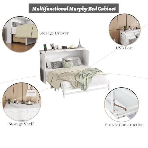 White Queen Murphy Bed with Storage Drawer H23599