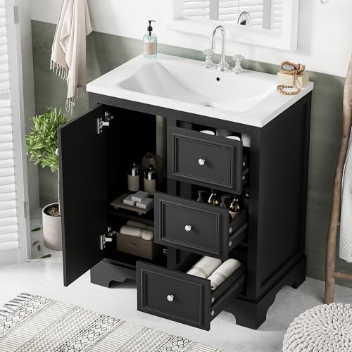 Green Solid Wood Bathroom Vanity with Sink and 3 Drawers J8598