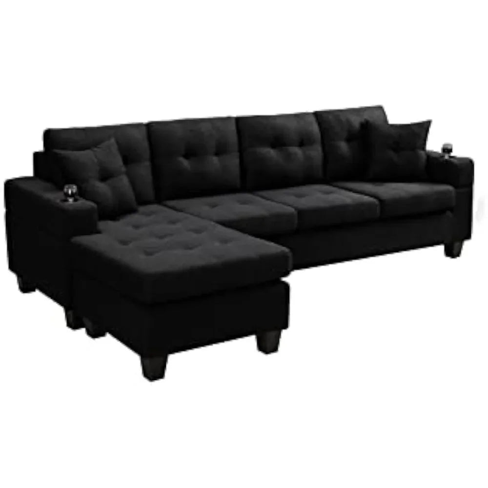 Black L-Shaped Upholstered Sofa Bed with Reversible Chaise Longue L5373