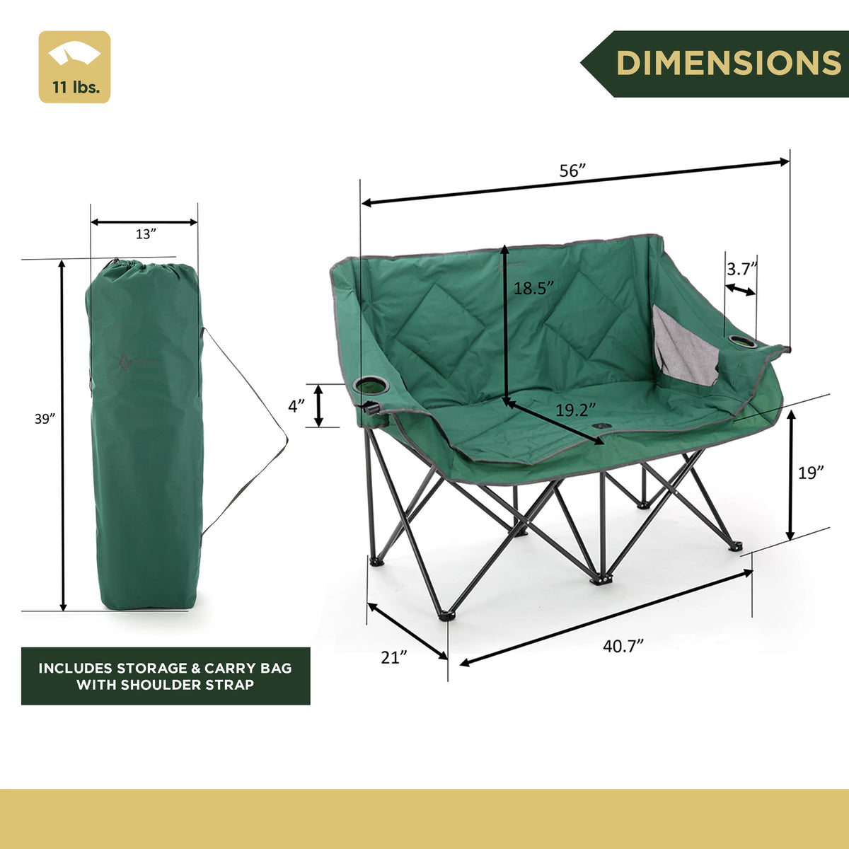 Green Portable Folding Double Camping Chair Loveseat with Carrying Bag K807001