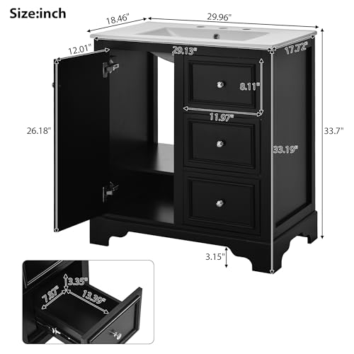 Green Solid Wood Bathroom Vanity with Sink and 3 Drawers J8598