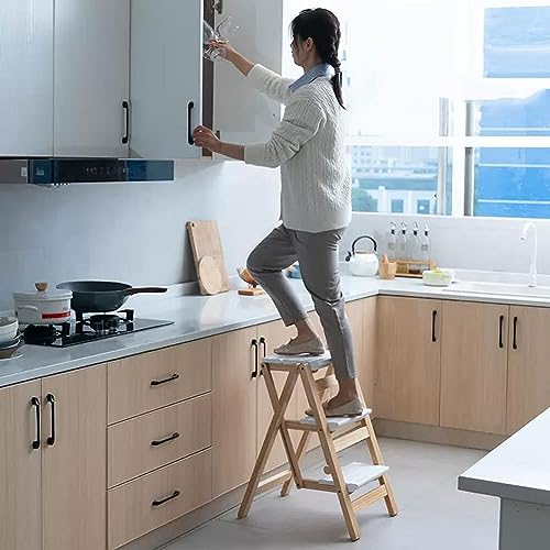 Folding 3 Step Solid Wood Ladder with Anti-Slip Wide Pedal K467967