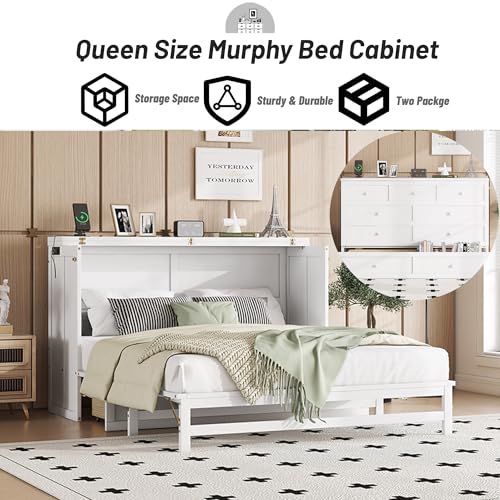 White Queen Murphy Bed with Storage Drawer H23599
