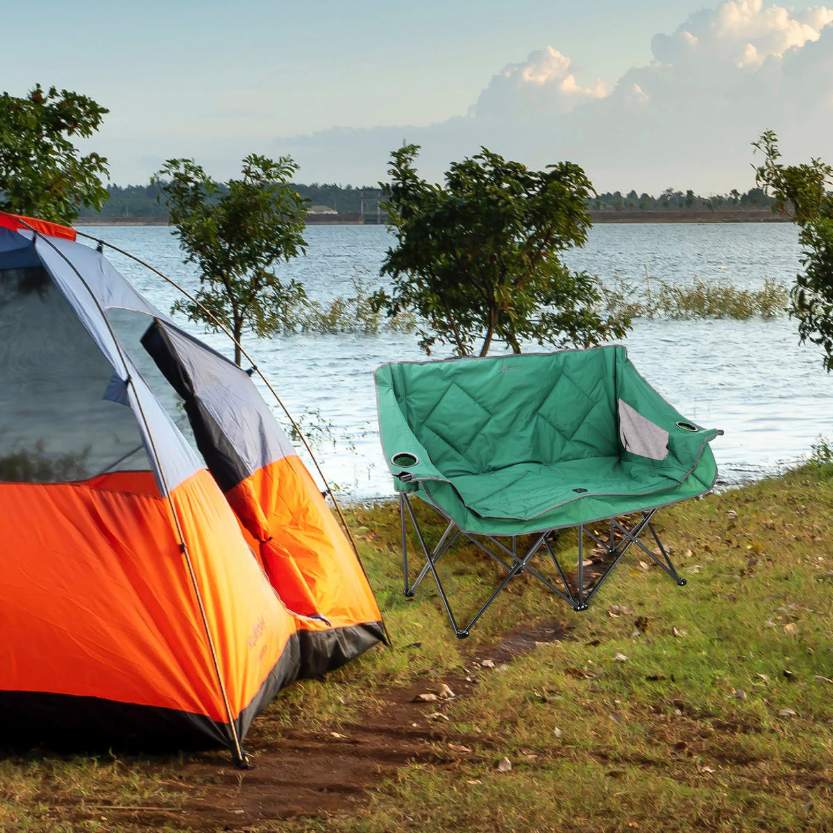 Green Portable Folding Double Camping Chair Loveseat with Carrying Bag K807001